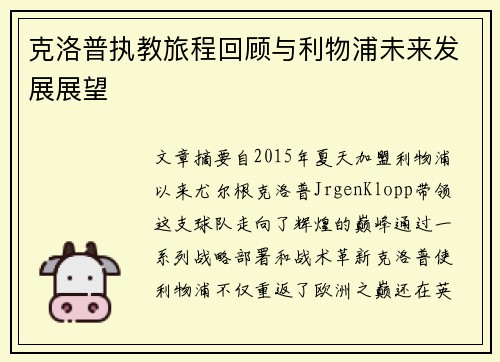克洛普执教旅程回顾与利物浦未来发展展望